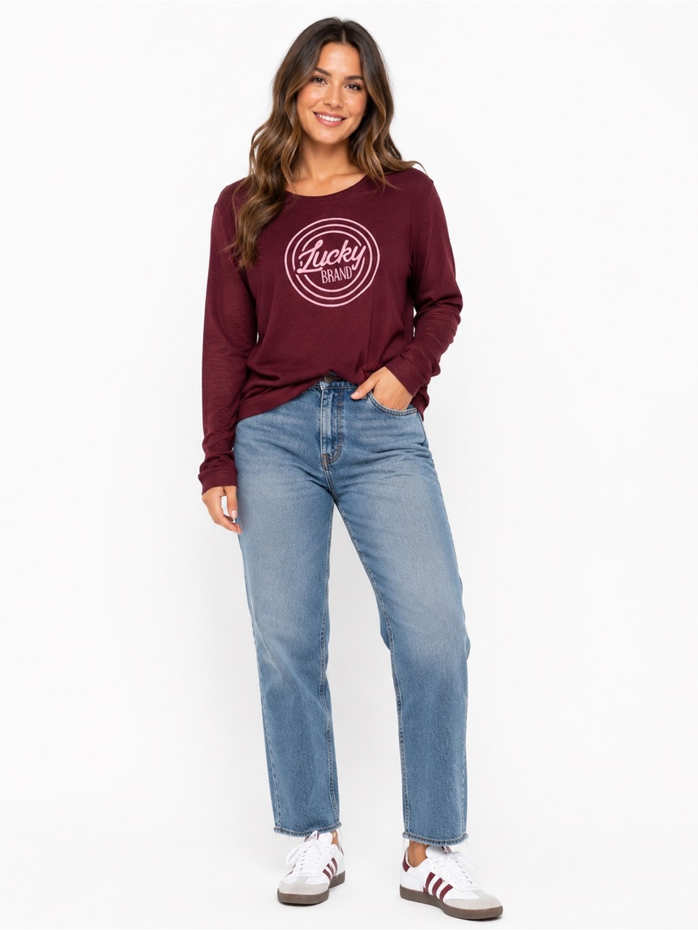 Y2K Lucky Brand Women’s Graphic Crew Neck Top in Burgundy/Pink Sz L